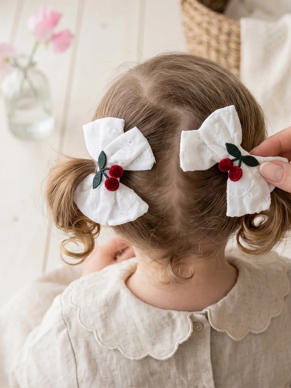 Handmade White Eyelet Cherry Hair Bows – Set of 2
